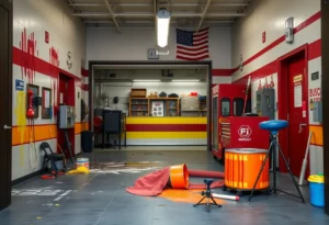 Fire station with paintball equipment and paint splatters