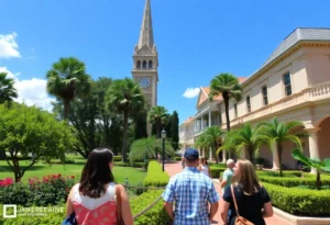 Visitors on a Jacksonville history tour in summer, exploring historic architecture.