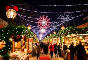 A bustling holiday market in Jacksonville with festive decorations and shoppers