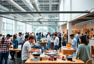 Vibrant coworking space at the Jacksonville Innovation Hub with entrepreneurs collaborating