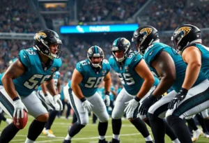 Jacksonville Jaguars players showcasing teamwork on the field.