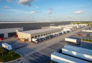 Aerial view of a logistics property with loading docks and trucks