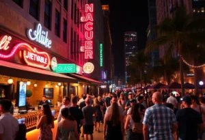 Night scene in downtown Jacksonville with lively bars and people enjoying the nightlife