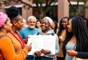 Community members in Jacksonville discussing their New Year's resolutions in a park