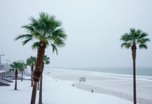 Light snowfall over Jacksonville beach and palm trees