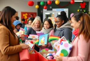 Families participating in the Jacksonville toy workshop event during the holiday season.