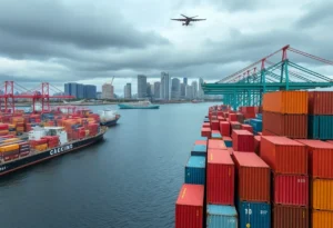View of the Jacksonville port with cargo containers, symbolizing trade.