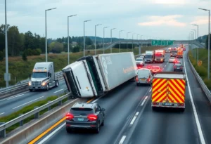 An overturned semi-truck on I-295 in Jacksonville with emergency responders at the scene.