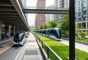 Futuristic urban transportation with autonomous vehicles and green spaces