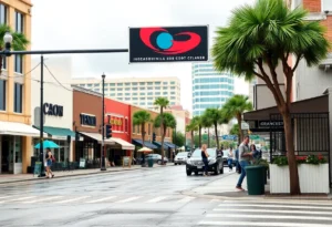 A cityscape of Jacksonville featuring local businesses and mild weather