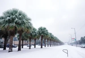 Snow-covered palm trees in Jacksonville, FL during a winter storm