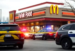 Exterior of KFC restaurant with police presence