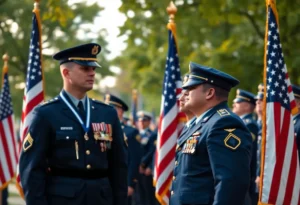 Ceremony honoring Japanese American soldiers with American flags and medals.