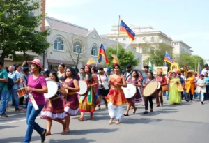 Colorful parade with dancers and bands celebrating MLK Day in Jacksonville.
