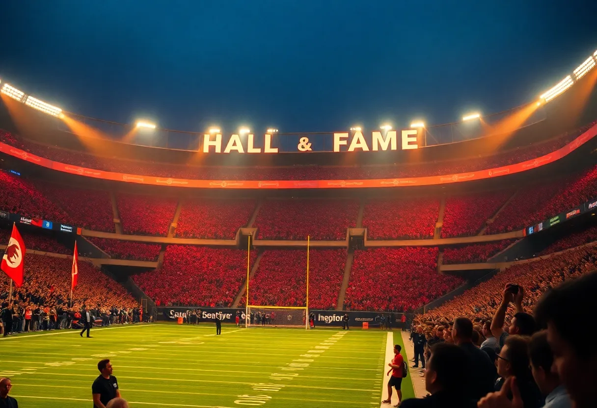 Scene of a football stadium during an induction ceremony