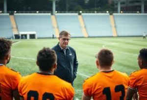 Football coach leading a team meeting