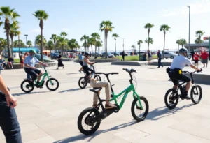 Scene from a skate park in Jacksonville Beach with e-bikes and onlookers