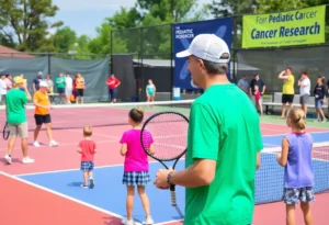 Participants playing tennis during the KATE KUP Triples Tennis Tournament in Ponte Vedra Beach.