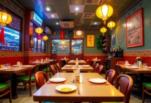 Interior of Licious Noodles & Bao showcasing traditional Chinese decor