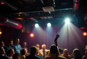 Audience laughing at a comedy show in a club setting