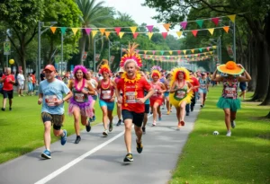 Participants in tropical attire running in Luau-themed marathon.