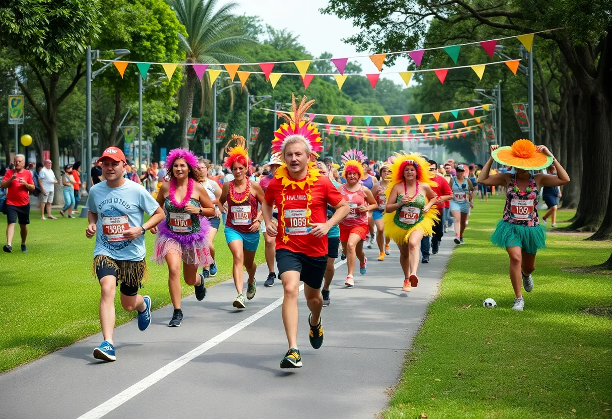 Participants in tropical attire running in Luau-themed marathon.
