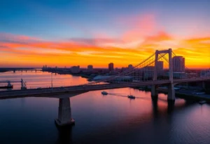 Sunset view of the Main Street Bridge in Jacksonville, Florida.