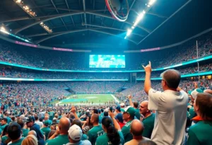 Fans cheering at a Miami Dolphins game