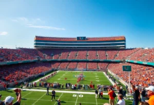Miami Hurricanes fans celebrating their team's victory in the Fiesta Bowl semifinal.