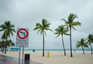 Cloudy weather in Miami with light rain and warning signs on the beach