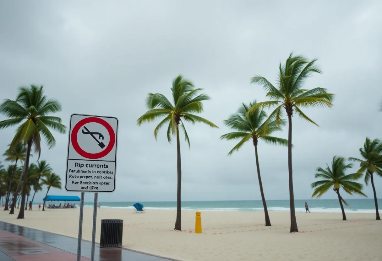 Cloudy weather in Miami with light rain and warning signs on the beach