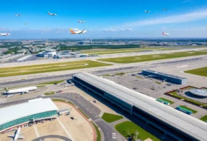 Aerial view of MidAmerica St. Louis Airport with multiple airplanes and expanding terminal facilities.