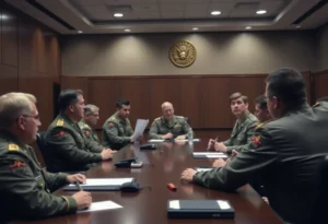 Military officers engaging in strategic discussions in a conference room.