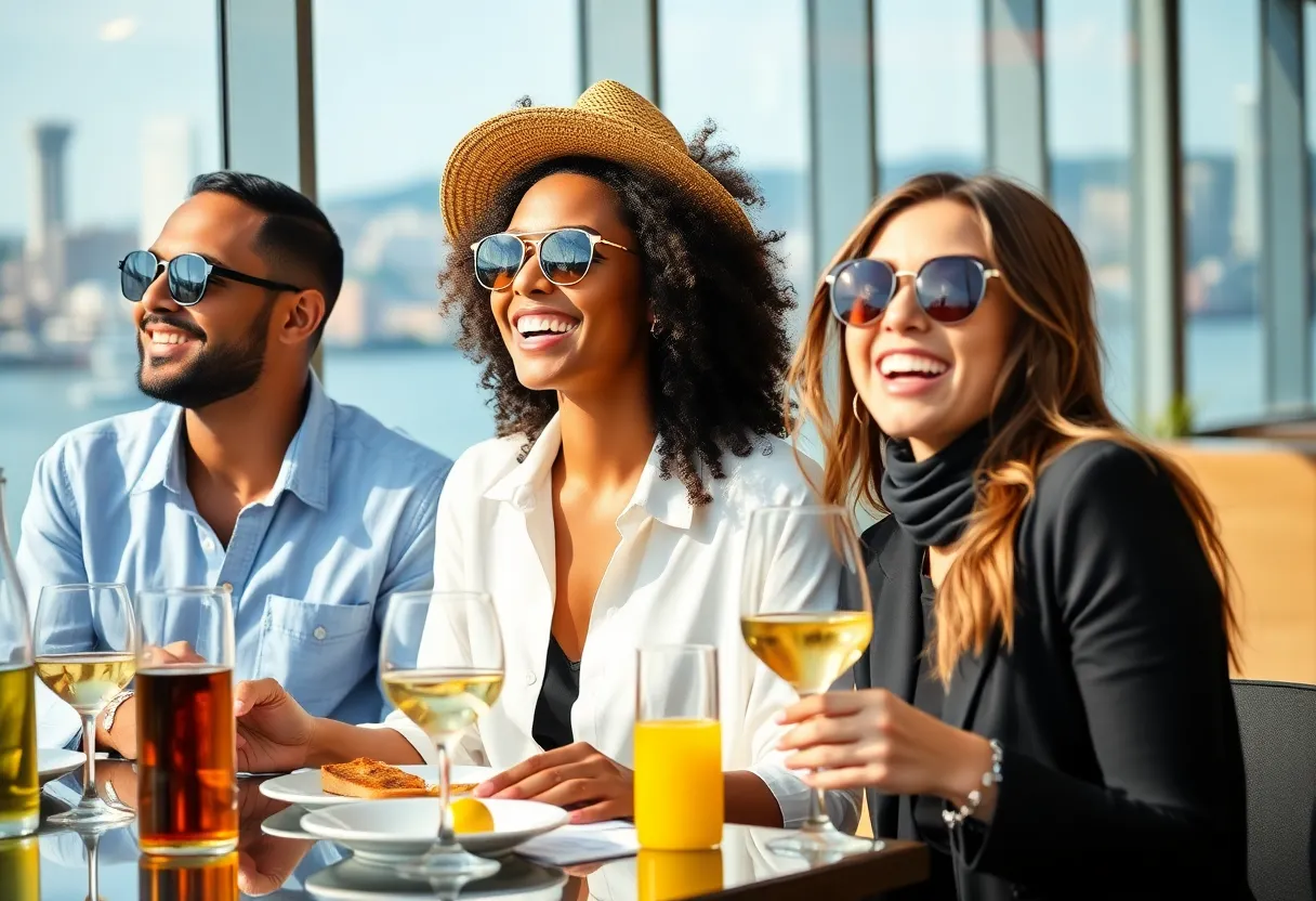 A group of young professionals dining at a luxury restaurant.
