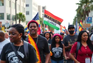 A community parade celebrating Martin Luther King Jr. Day in Jacksonville, with people holding banners and engaging in festivities.
