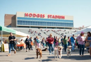 Pet-friendly community event at Mutt March with people and dogs.