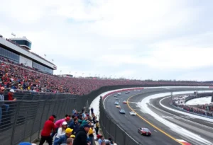 NASCAR race cars on the track at Bowman Gray Stadium during winter conditions