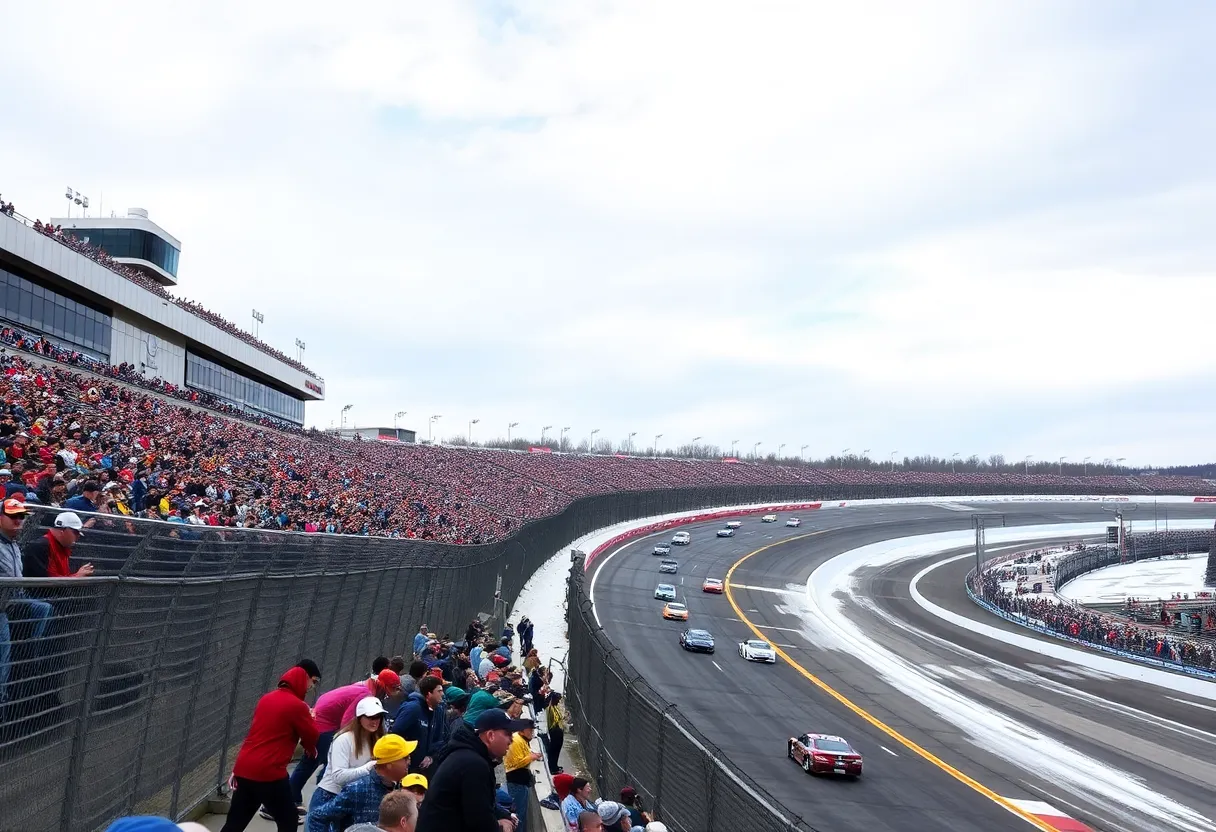 NASCAR race cars on the track at Bowman Gray Stadium during winter conditions