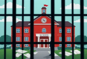 Illustration of a school building and financial documents represented with a silhouette behind bars.