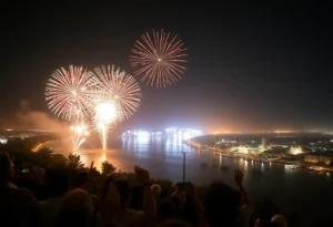 Fireworks bursting in the night sky over a coastal community during New Year's Eve celebrations.