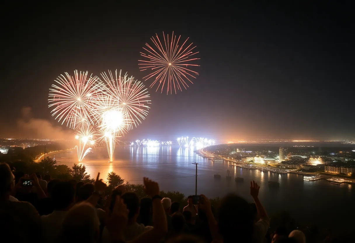 Fireworks bursting in the night sky over a coastal community during New Year's Eve celebrations.