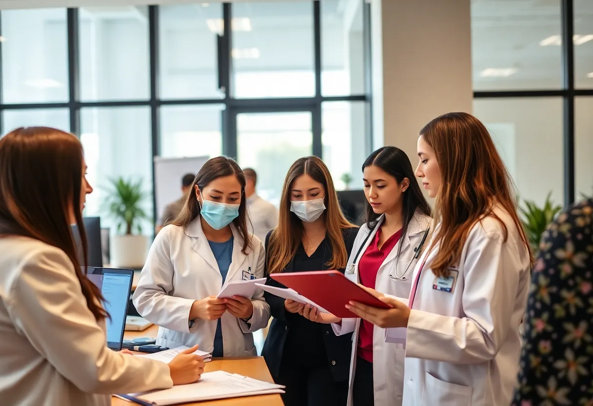 Health workers at NIOSH discussing safety protocols