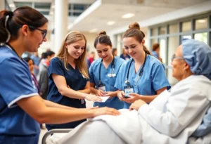 Nursing students at Jacksonville University participating in a clinical training session.