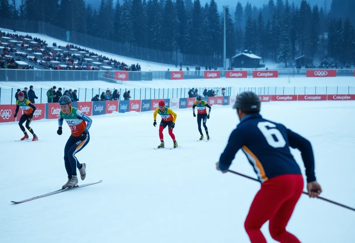 Skeleton athletes competing on a snowy track