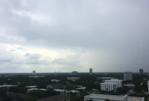 View of Orlando during a cold front with cloudy skies and rain.