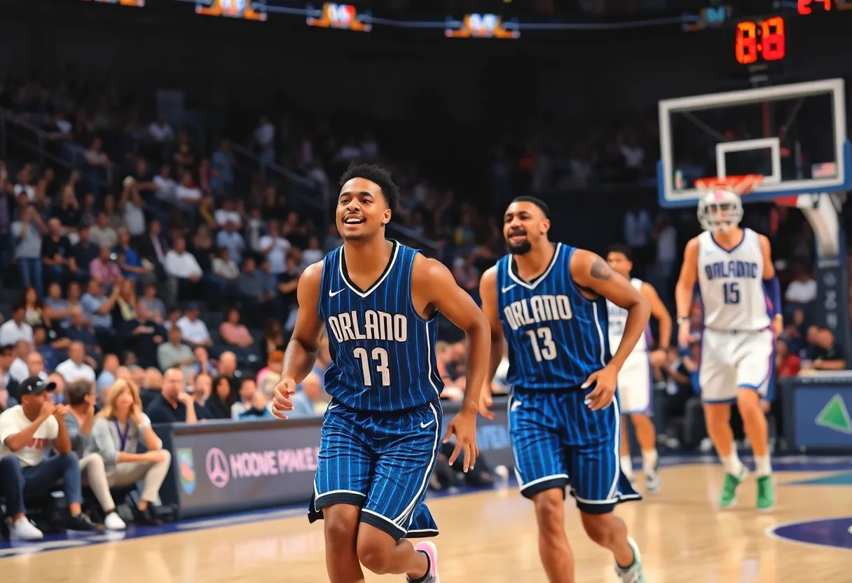 Orlando Magic players in a basketball game with fans cheering