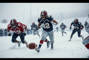 New England Patriots celebrating victory in AFC Championship game under snowy conditions