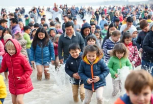 Families participating in the Polar Plunge at Jacksonville Beach