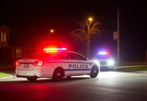 Police vehicle during nighttime emergency situation.