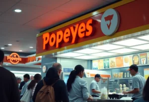 Interior view of a Popeyes restaurant with customers and employees